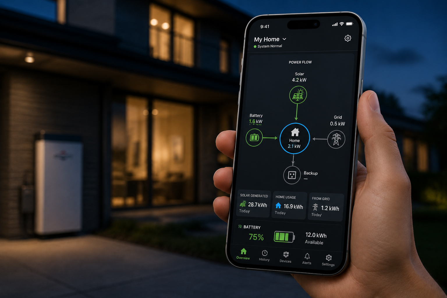 Battery monitoring app showing solar energy flow
