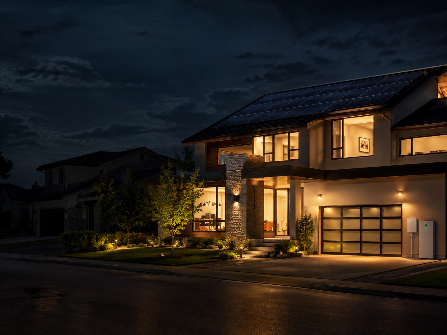 Home with solar battery backup during a neighborhood outage