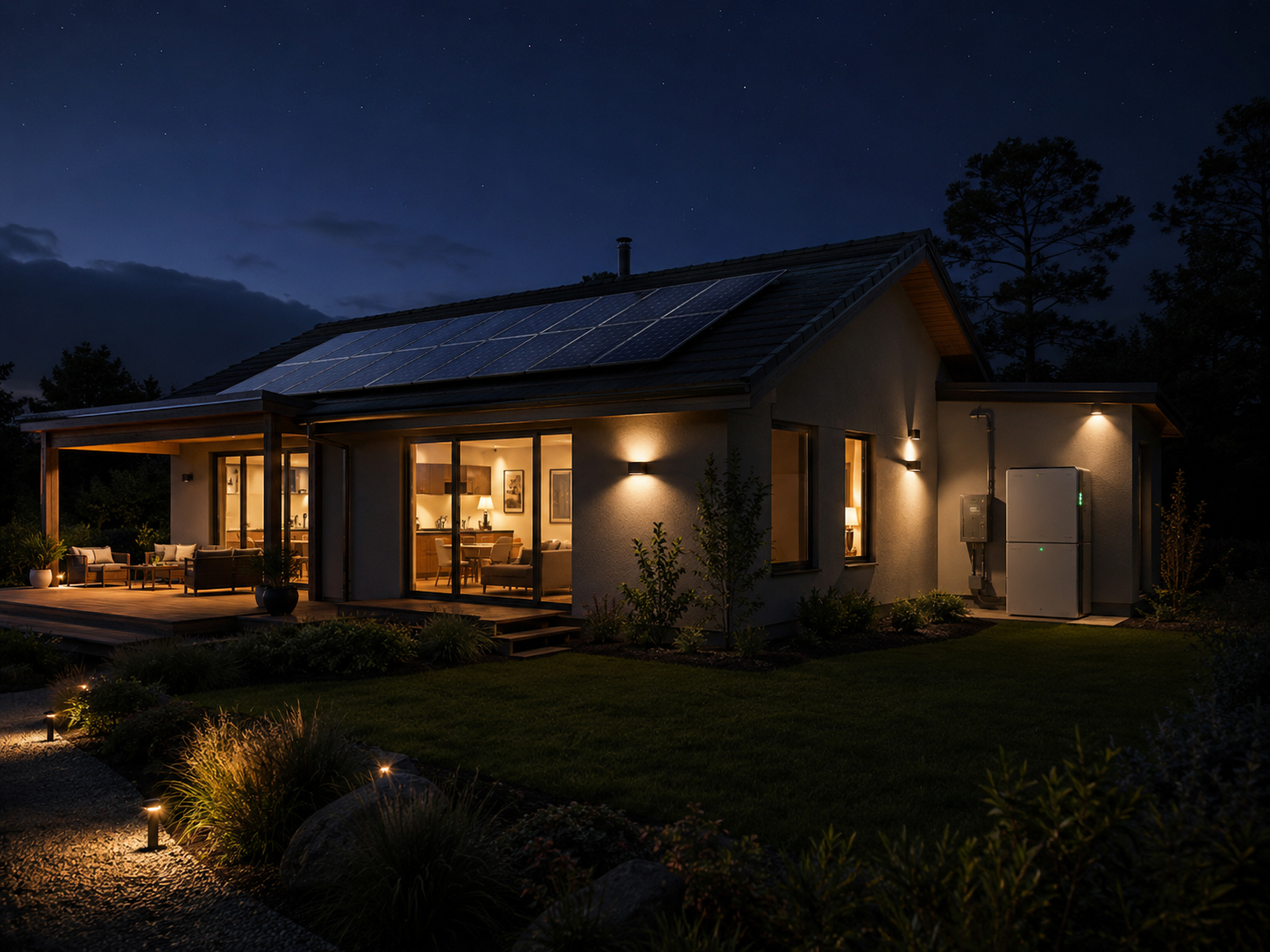 Battery backup system powering a building at night