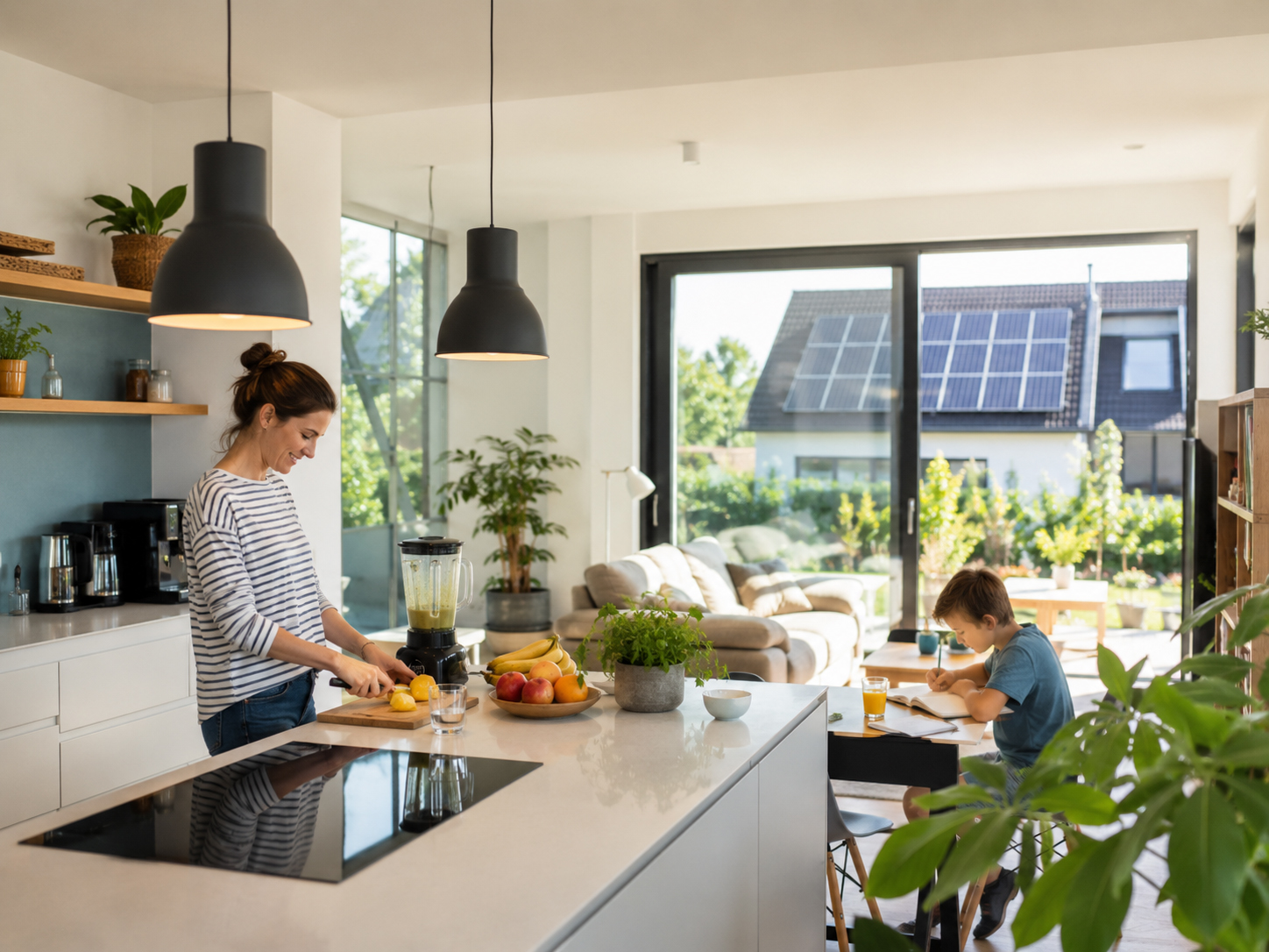 A home using solar electricity during the day