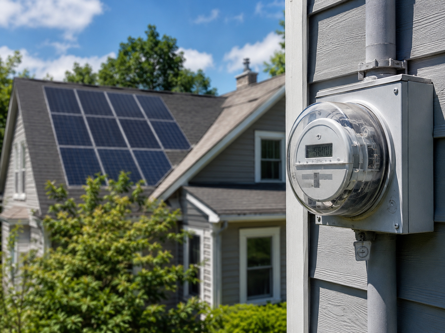 Utility meter next to a solar home